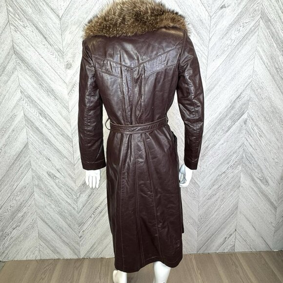 Vintage 70s Leather Trench Coat Womens Small Brown Belted Fur Trim Collar Boho - Picture 4 of 13